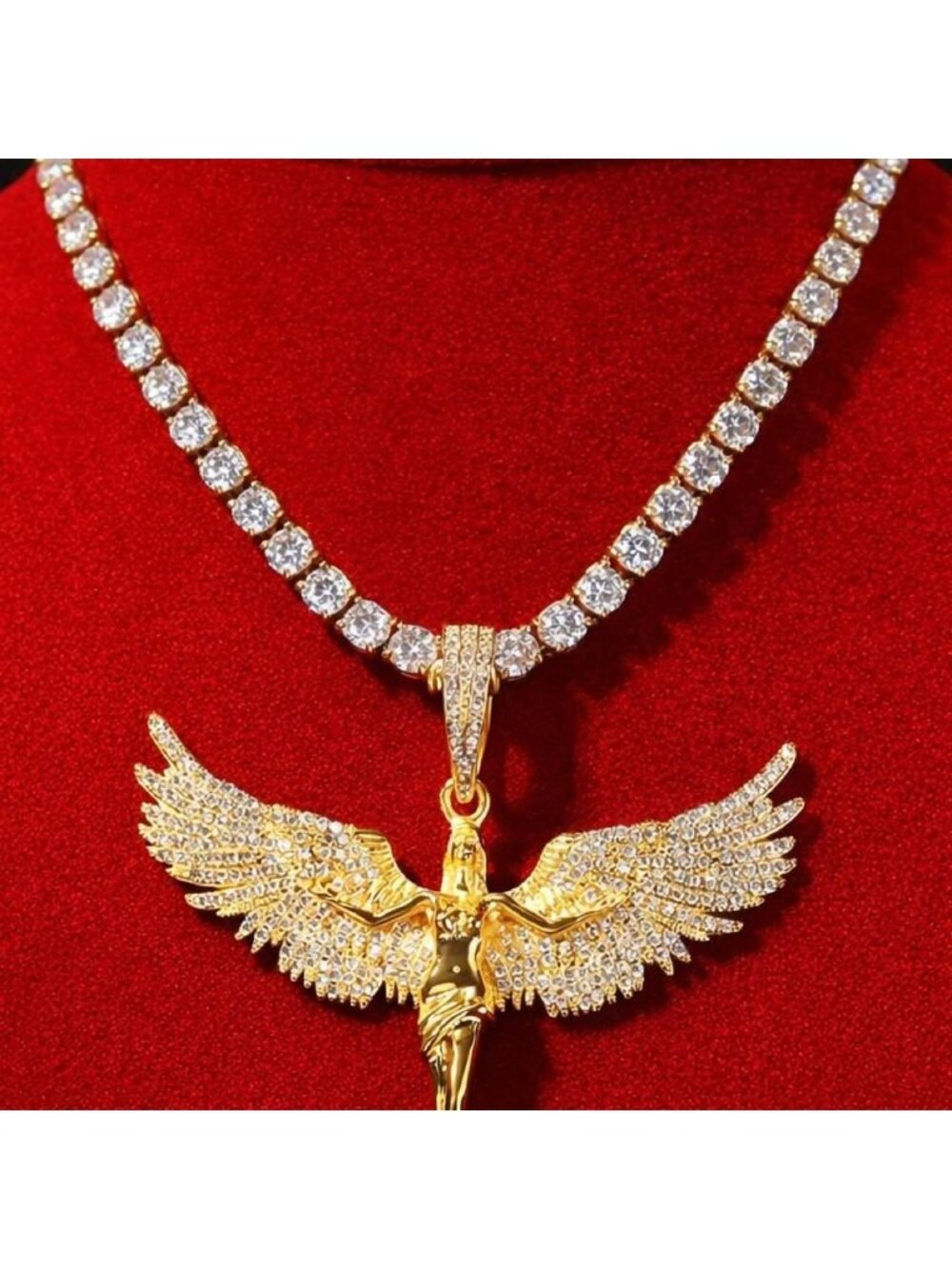 Gold Angel Pendant with Tennis Necklace | 18” or 20” | Iced Out Statement Chain